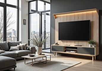 Gray sofa and tv unit in loft interior design of modern living room