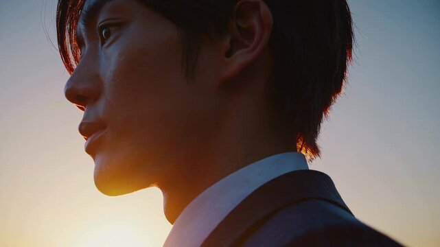Determined Young Japanese Man at Sunset