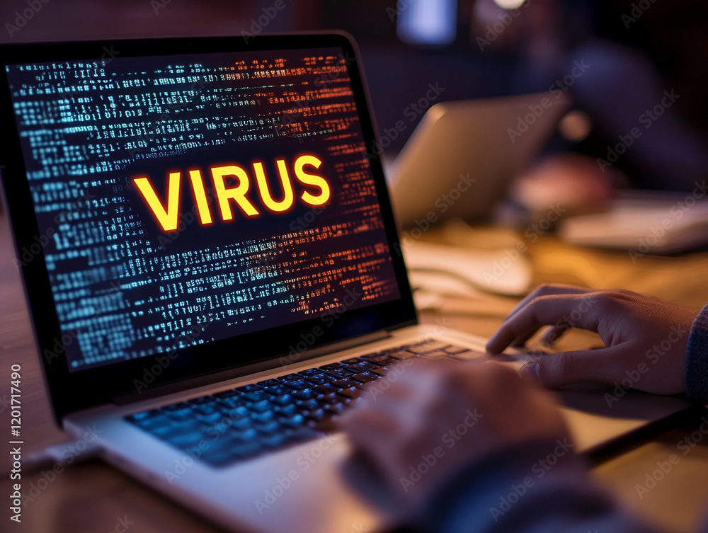 Poster computer screen displaying virus alert while hands work on laptop in low-light setting during evenin