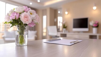 Modern apartment living room, flowers on table,  meeting preparation, calm background