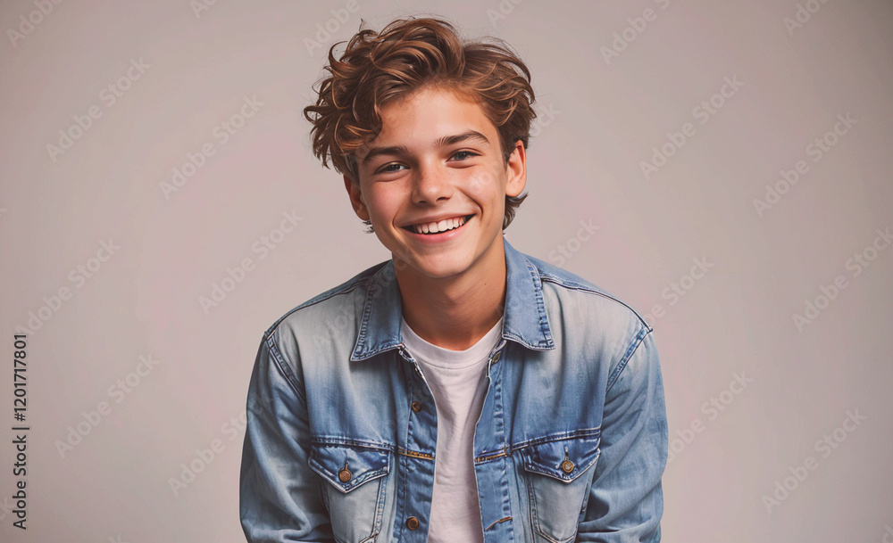Poster a young man is smiling and wearing a blue jacket. he is posing for a picture. scene is happy and che