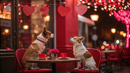 Valentine's Day Love Romantic Card. A couple of dogs sitting in a cozy cafe with hot drinks. Generative AI.