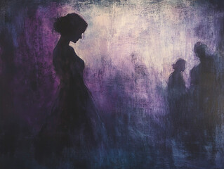 Silhouetted figures in a purple haze during an evening gathering in an artistic setting