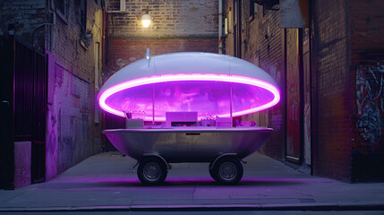 Futuristic mobile bar, alleyway, night, purple lighting, advertising