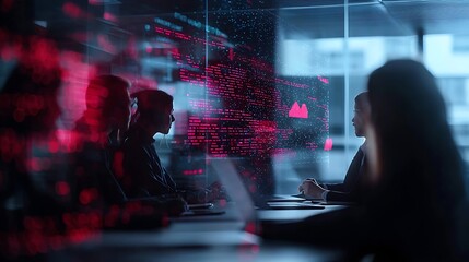 Team analyzes data on holographic screen; office background;  project meeting