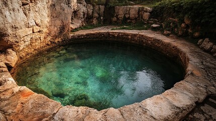 Fototapeta premium Ancient stone well, clear water, rocky landscape, historical site, travel photography