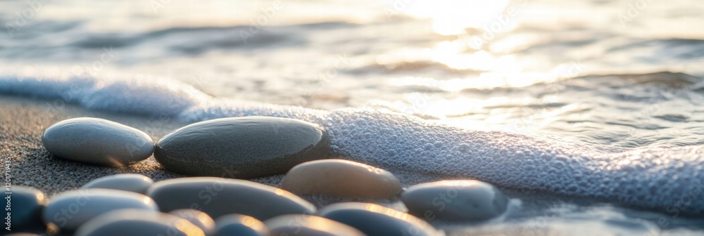 Aufkleber Close up view of smooth beach pebbles with gentle waves caressing the shore at sunset. Generative AI
