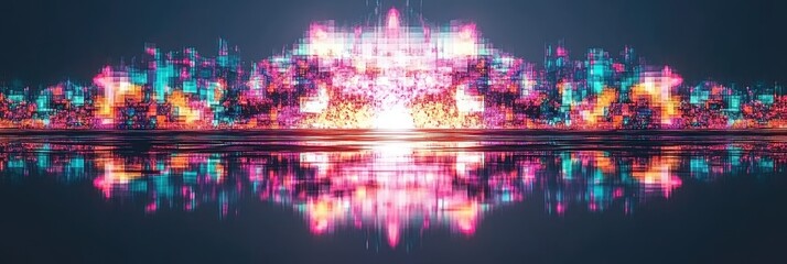 Obraz premium Neon city skyline reflection, futuristic, vibrant, digital art