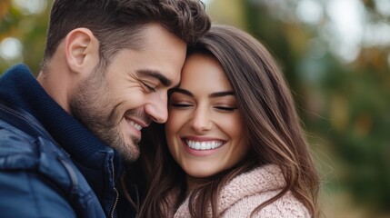 Fototapeta premium Smiling couple in a beautiful autumn setting embracing each other with joy and warmth in their eyes