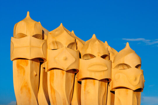 Barcelona, Spain - January 24, 2009: Chimneys on the roof of Casa Mila or La Pedrera by Antoni Gaudi