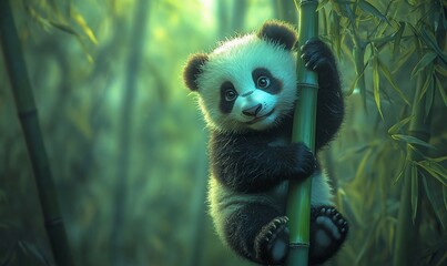 Obraz premium Cute baby panda climbing bamboo in forest