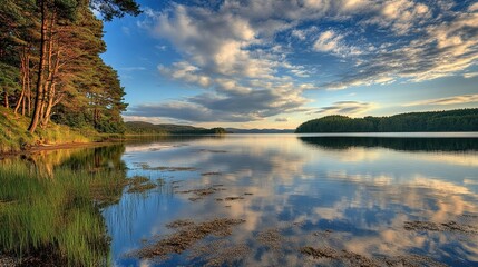 Fototapeta premium Calm lake sunset, tree reflections, Scotland landscape, nature photography, travel
