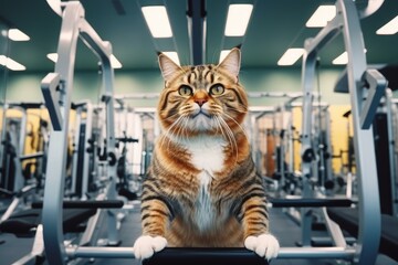 Tabby cat exercising in a gym, lifting weights on a machine, showcasing pet fitness and a healthy lifestyle