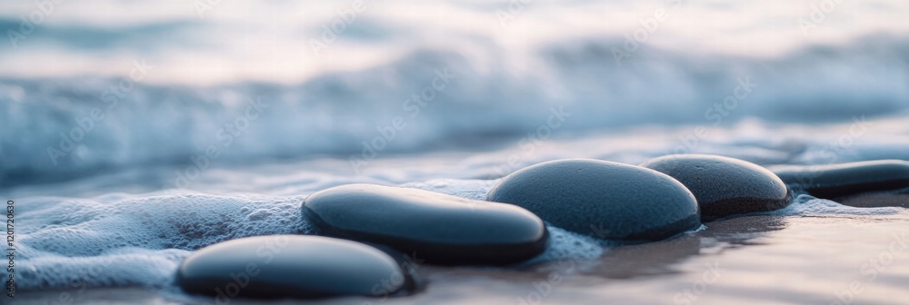 Aufkleber close up of smooth beach pebbles with gentle waves washing over them at sunset. generative ai