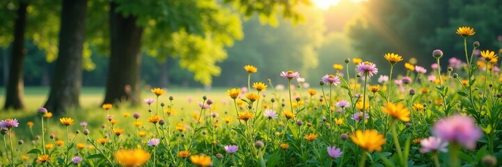 Obraz premium Wildflowers swaying gently in the breeze amidst tall trees, tree foliage, serene landscapes