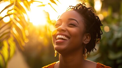 Fototapeta premium A woman laughing with joy, her face illuminated by the golden glow of the sunset.