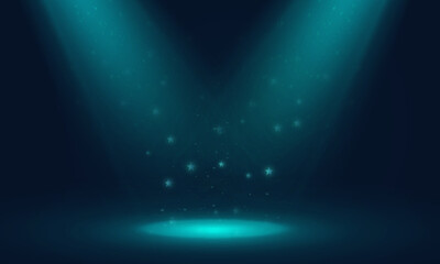Fototapeta premium Blue Spotlight effect to illuminate the stage and objects with bright spotlight lighting with shimmering sparkles and stars on a black background.