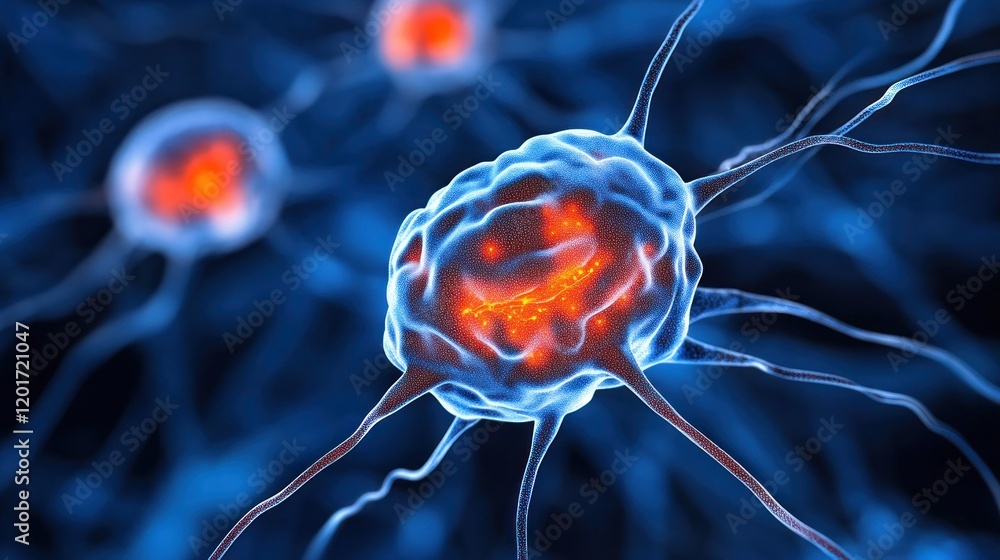 Poster glowing cell structure: microscopic view of a biological neuron with intricate dendritic network