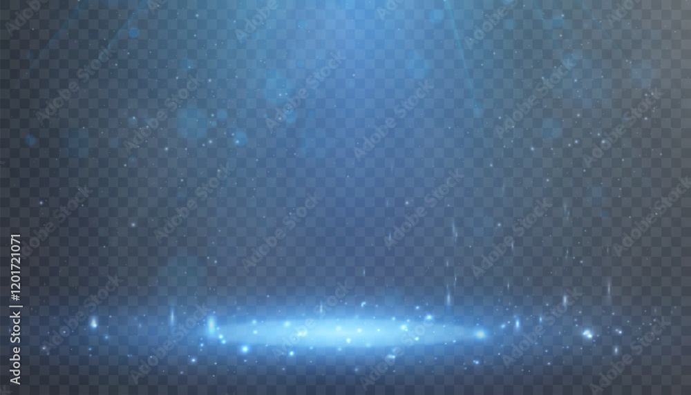 Poster Blue Spotlight effect to illuminate the stage and objects with bright spotlight lighting with shimmering sparkles and stars on a black background.