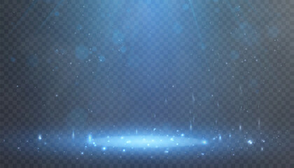 Blue Spotlight effect to illuminate the stage and objects with bright spotlight lighting with shimmering sparkles and stars on a black background.