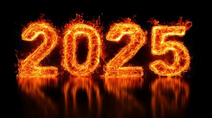Fiery 2025 text ablaze with glowing flames, reflecting on a dark surface, symbolizing energy, power, and the arrival of a dynamic new year.