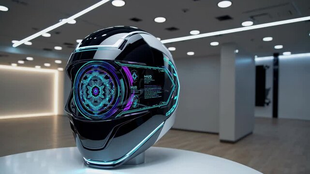 Futuristic helmet resting on pedestal, displaying dynamic holographic data within sleek visor, representing cutting-edge virtual reality technology and innovative digital interface design