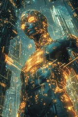 Futuristic humanoid AI glowing with intricate golden circuitry, standing against a cyberpunk cityscape of towering neon-lit skyscrapers.