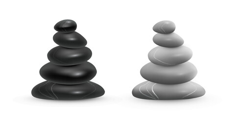Stone balance towers vector illustration set for meditation, spa, relax. Black and gray stones pyramids. Abstract stacked pebbles isolated on transparent background.