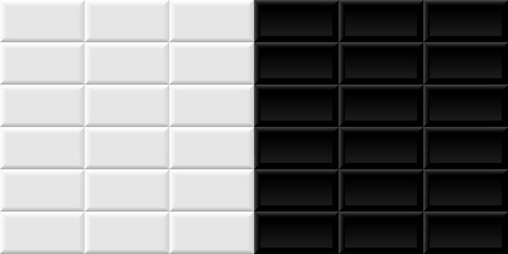 White and black subway tile background. Metro brick horizontal pattern for kitchen, bathroom or outdoor architecture. Glossy interior design tiled material. Realistic vector illustration.