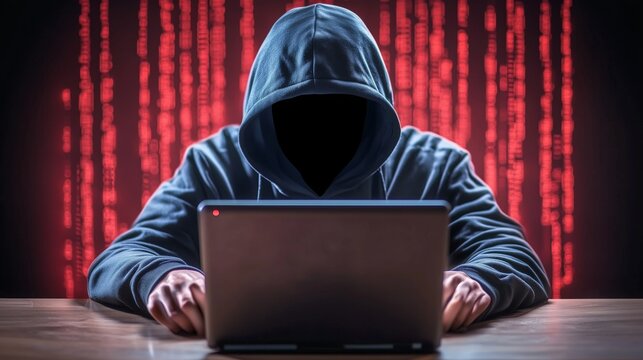 Hooded figure at a laptop against a red binary code background, symbolizing cybercrime, hacking, and data security threats in the digital age.