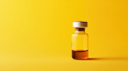 Amber vial with liquid against yellow background.