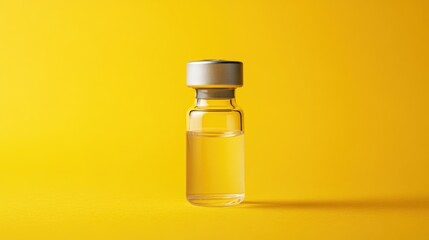 Glass vial with clear liquid against yellow background.