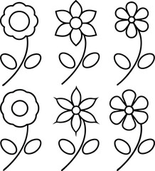 Simple Line Drawings of Six Different Flowers, Botanical Illustrations
