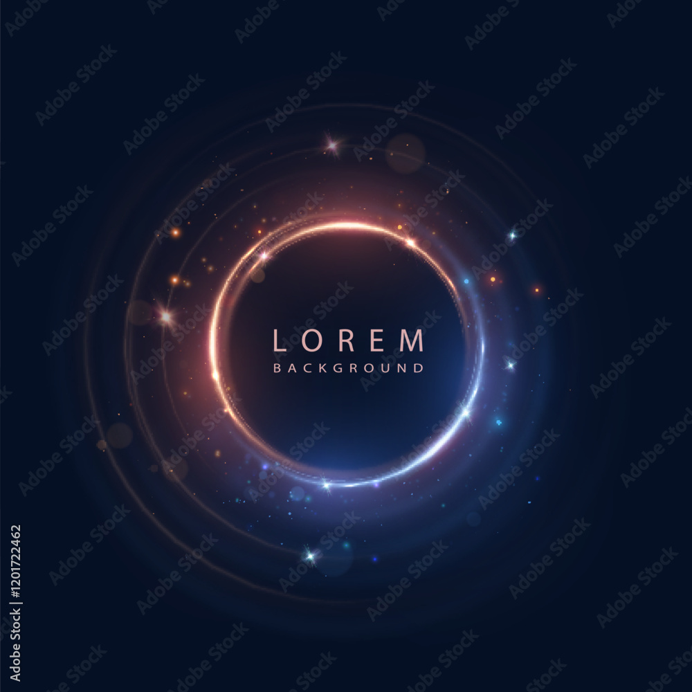 Poster abstract effect of blue and gold light effects around bright circles with bright glow on black backg