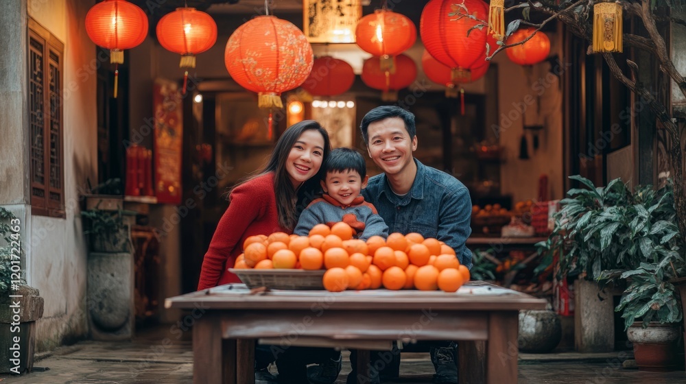 Poster a family posing for a photo in front of their home, decorated with red lanterns and a table filled w