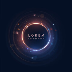 Abstract effect of blue and gold light effects around bright circles with bright glow on black background.