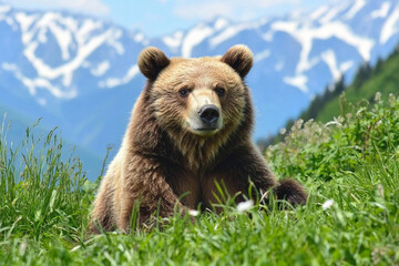 Obraz premium Bear resting in the Carpathian Mountains' meadow