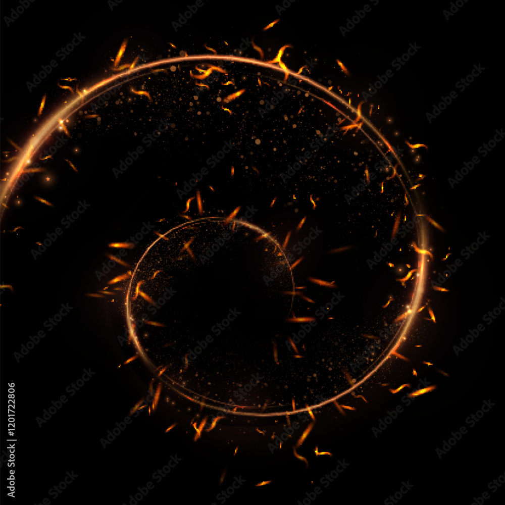 Poster Abstract effect of glowing sparks in motion with bright glow on black background. Effect of swirling movement of fire spark.