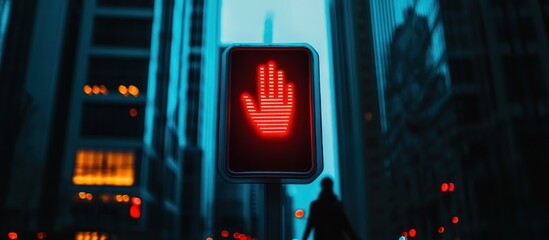 Red illuminated pedestrian crossing stop signal at night in the city.