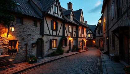 Fototapeta premium Charming Cobblestone Street at Dusk with Historic Buildings
