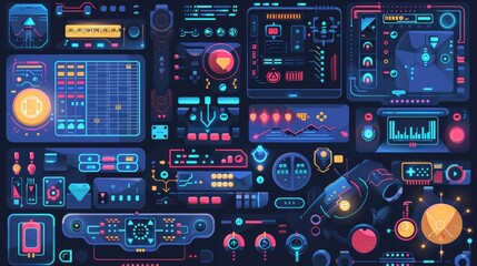 A vibrant digital control panel with various buttons, screens, and indicators for a futuristic interface.