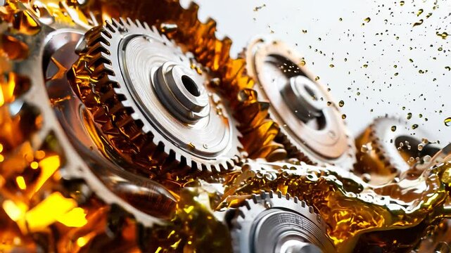 Gear oil video: process of gears bathed in motor oil, emphasizing the role of lubrication in improving machine performance, preventing wear, and ensuring smooth operation in industrial equipment.