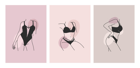 Beautiful minimal linear set of female silhouettes in lingerie. Simple women figure in underwear. Abstract sensual concept. Outline design for print, poster, card, banner, cover, social media template