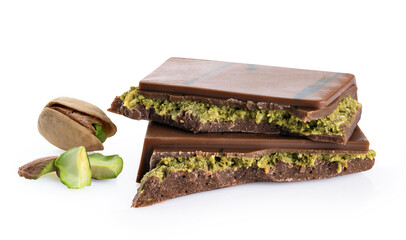 Dubai chocolate with pistachios and kadaif isolated on white background. With clipping path.