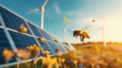 Honeybee flying near vibrant yellow flowers in a sustainable farm with solar panels and wind turbines, symbolizing renewable energy and ecology.