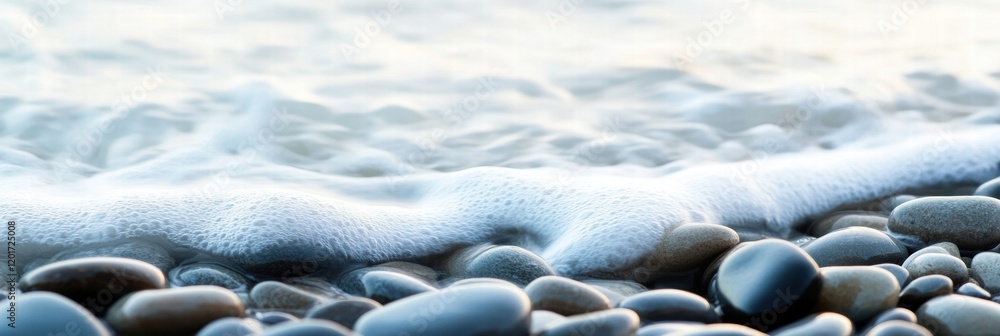 Fototapete close up view of smooth beach pebbles nestled along the shore with gentle waves lapping at their sur