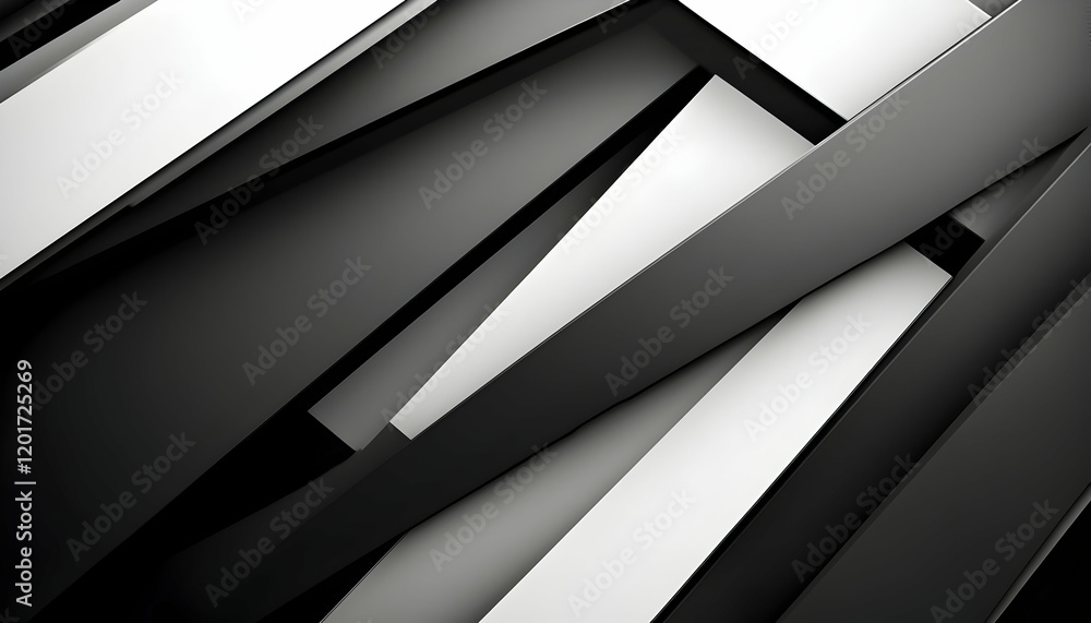 Poster abstract monochrome background with overlapping black and white geometric shapes, creating a modern 
