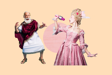 Creative photo poster collage image of two happy old man zeus costume athens character victorian...