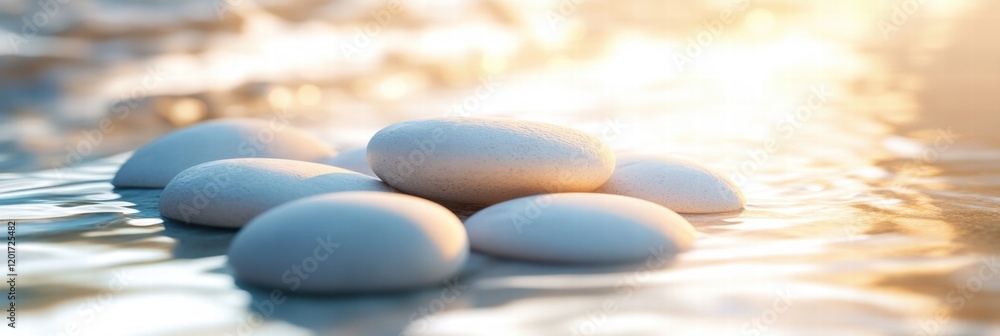 Poster gentle waves wash over smooth beach pebbles in the soft light of evening at the shoreline. generativ