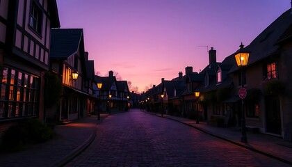 Fototapeta premium Charming Twilight Street Scene in European Village